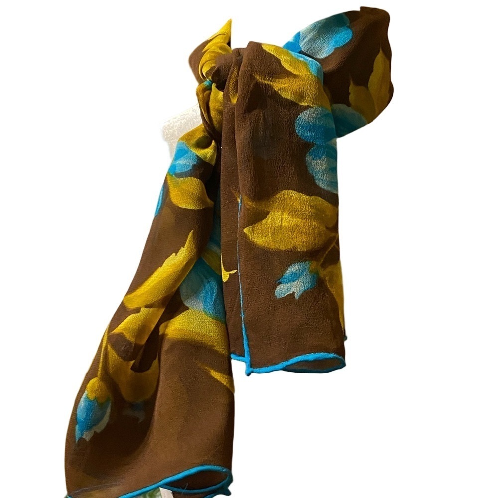 Vibrant Brown Chiffon Scarf Blue and Yellow Floral Hand-Rolled Edges